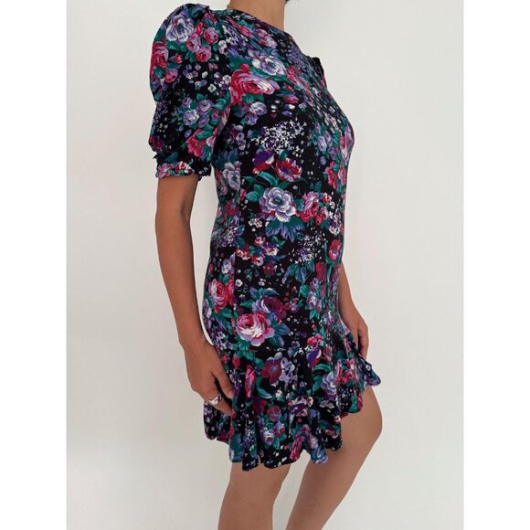 80s vintage purple bold retro floral print ruffled short puff sleeves mini dress - Picture 6 of 9